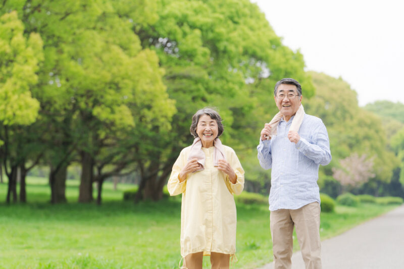 新緑の公園を並んで散歩する高齢の夫婦